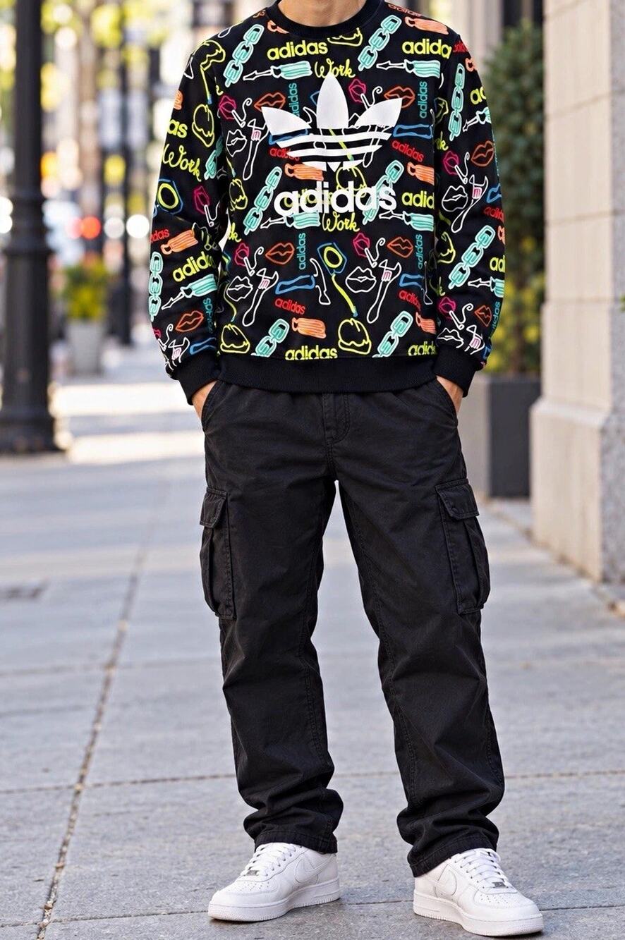 Adidas Originals Trefoil Allover Print Crewneck Sweatshirt Sz S Black Multicolor
